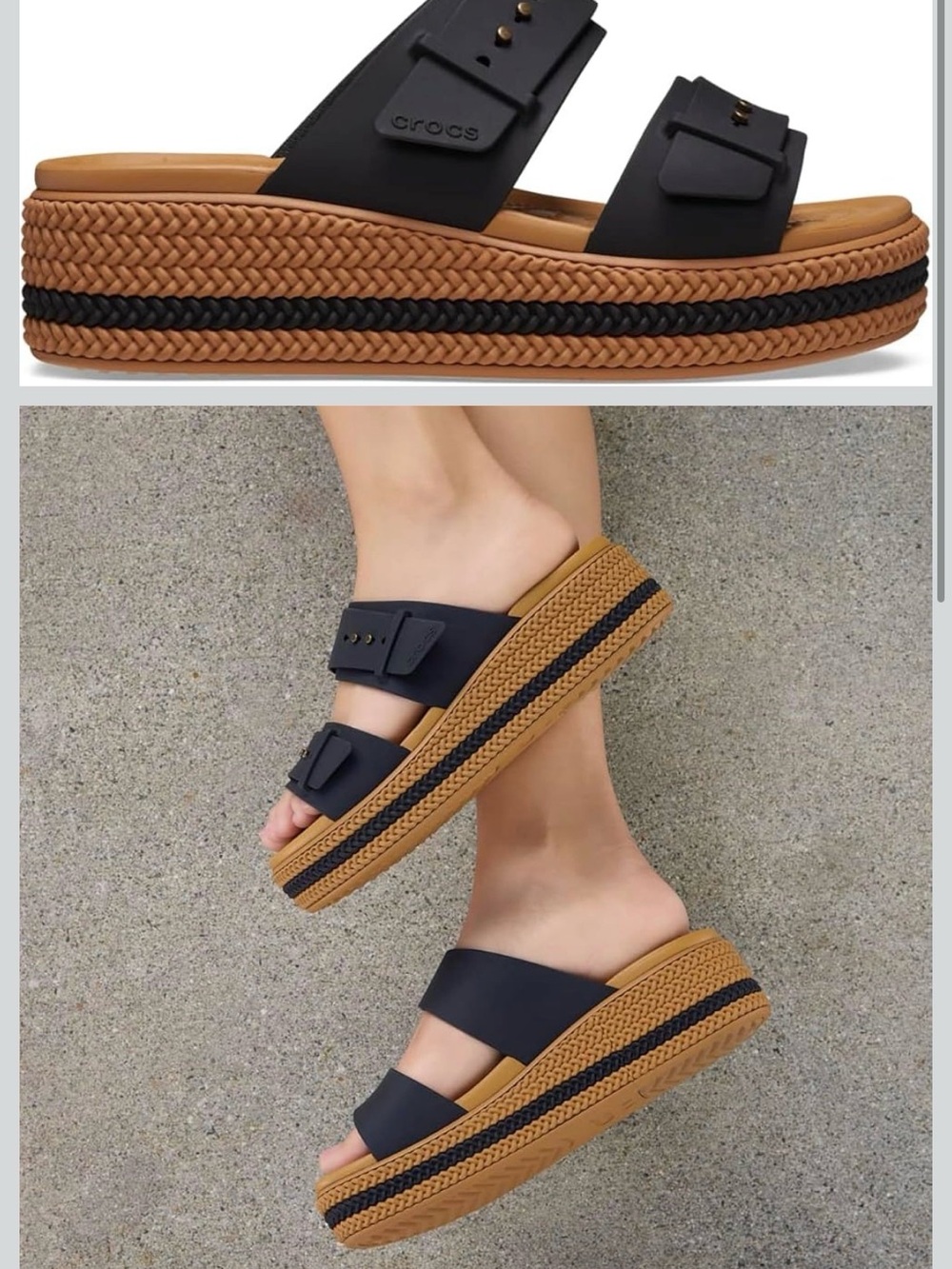 CROCS Brooklyn Buckle Black Strappy Platform Mules with Tan Braided Sole